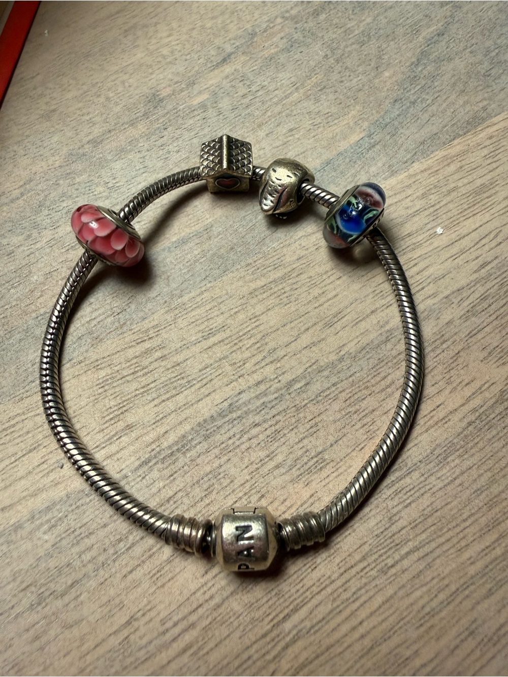 Pandora Silver Bracelet with Pink Floral and Blue Glass Charms